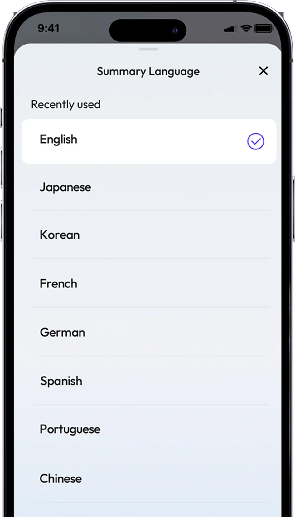 Language selection screen on Memoket Gem app